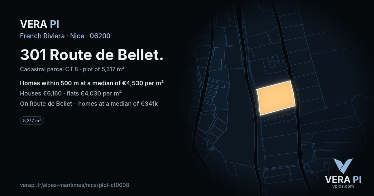 301 Route de Bellet, Nice at night – the plot lit, the parcels around coloured by the prices near them