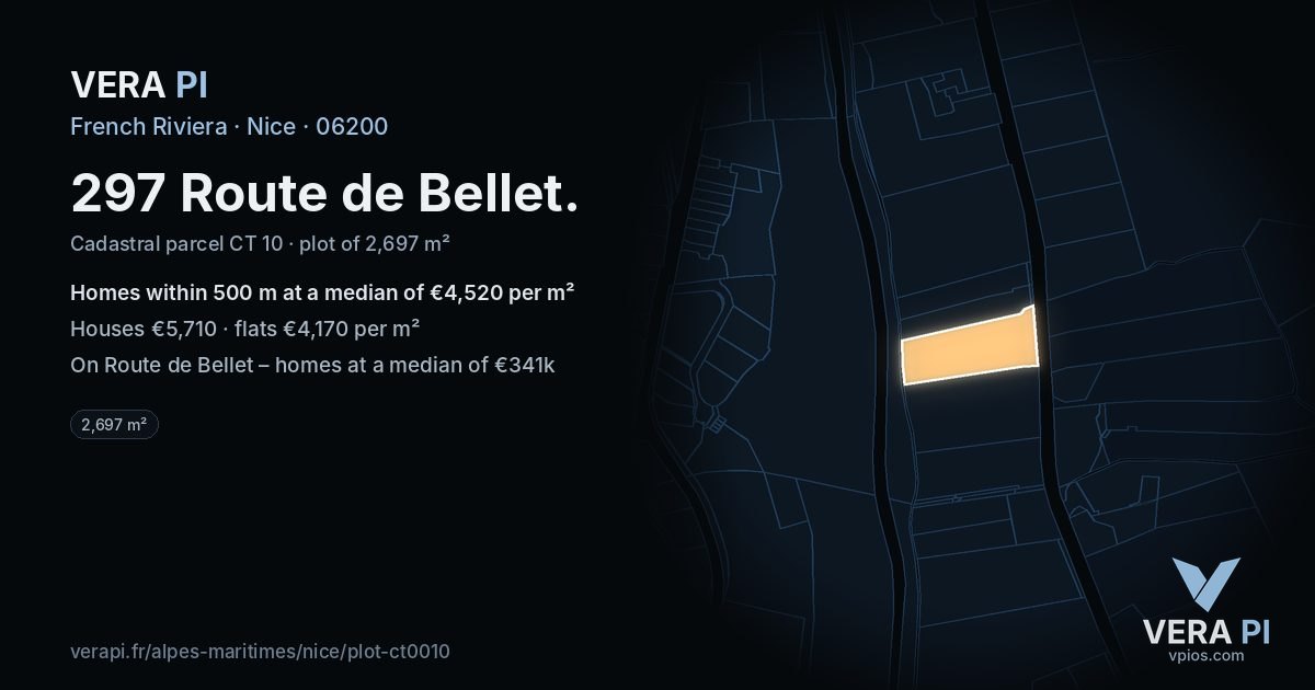 297 Route de Bellet, Nice at night – the plot lit, the parcels around coloured by the prices near them