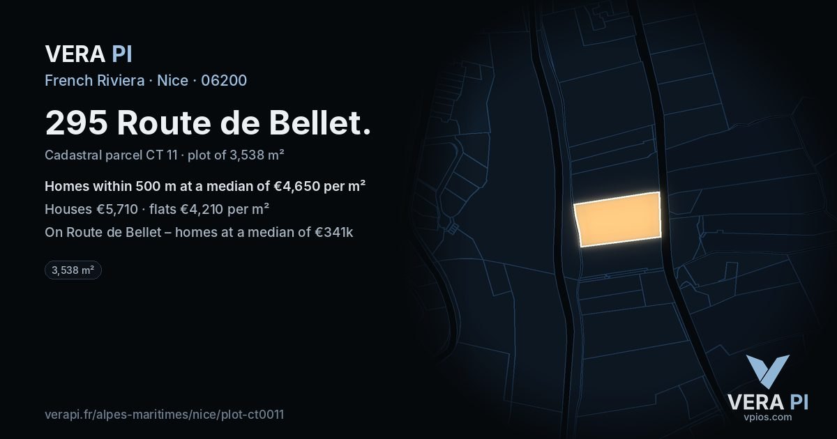 295 Route de Bellet, Nice at night – the plot lit, the parcels around coloured by the prices near them