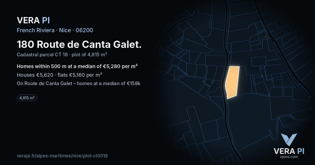 180 Route de Canta Galet, Nice at night – the plot lit, the parcels around coloured by the prices near them