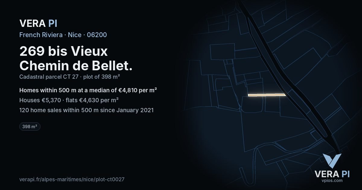 269 bis Vieux Chemin de Bellet, Nice at night – the plot lit, the parcels around coloured by the prices near them