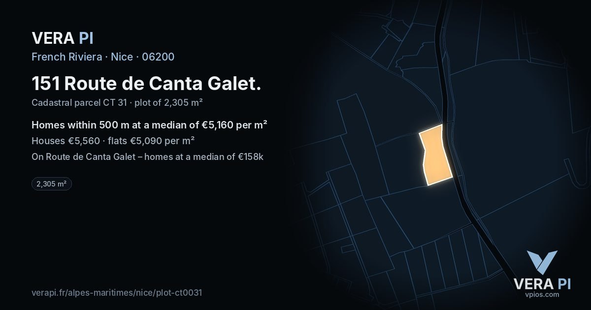 151 Route de Canta Galet, Nice at night – the plot lit, the parcels around coloured by the prices near them