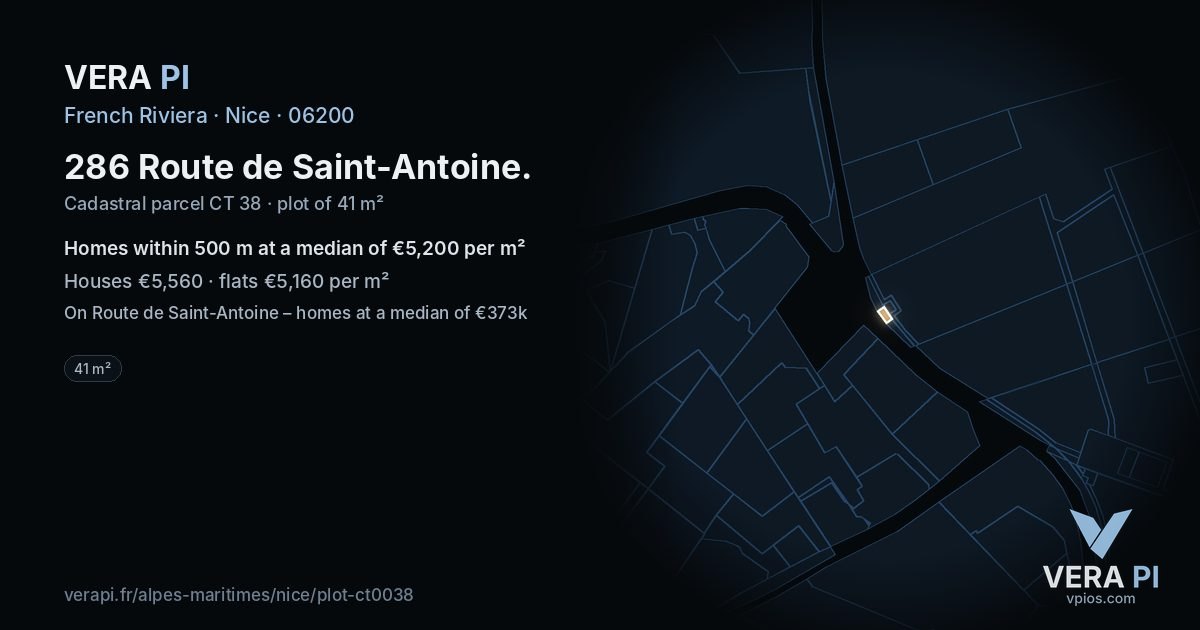 286 Route de Saint-Antoine, Nice at night – the plot lit, the parcels around coloured by the prices near them