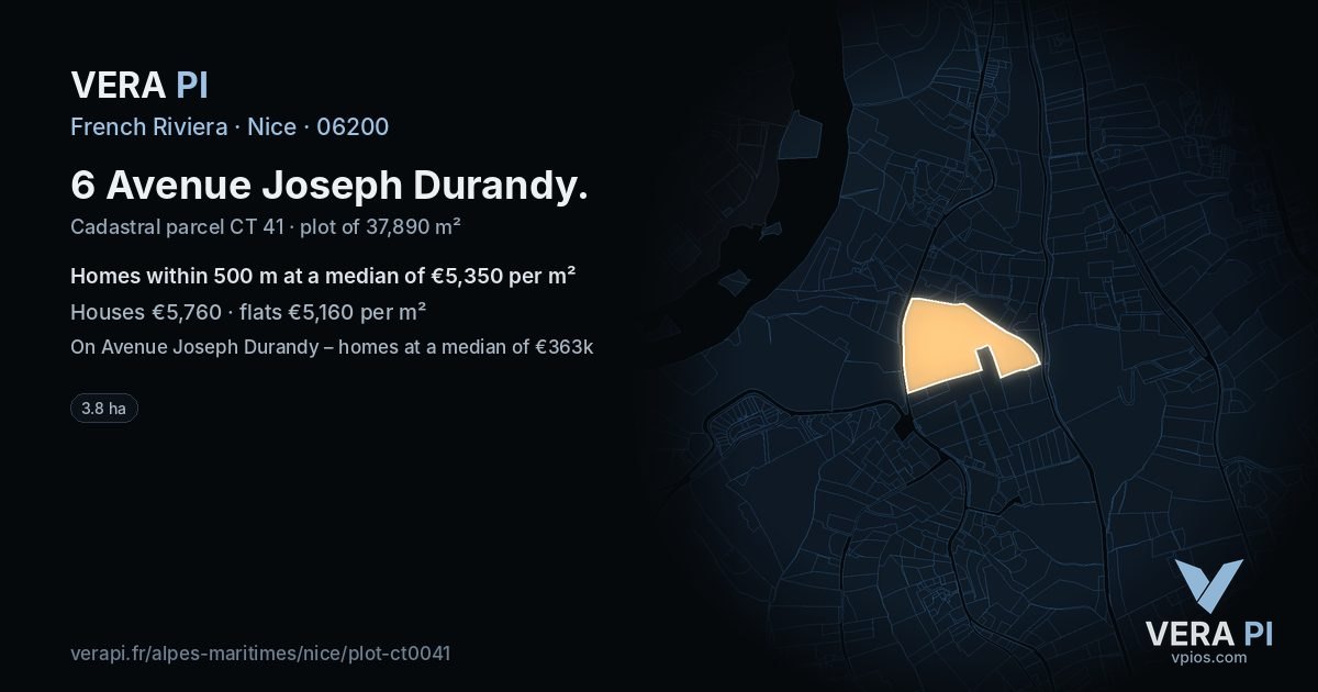 6 Avenue Joseph Durandy, Nice at night – the plot lit, the parcels around coloured by the prices near them