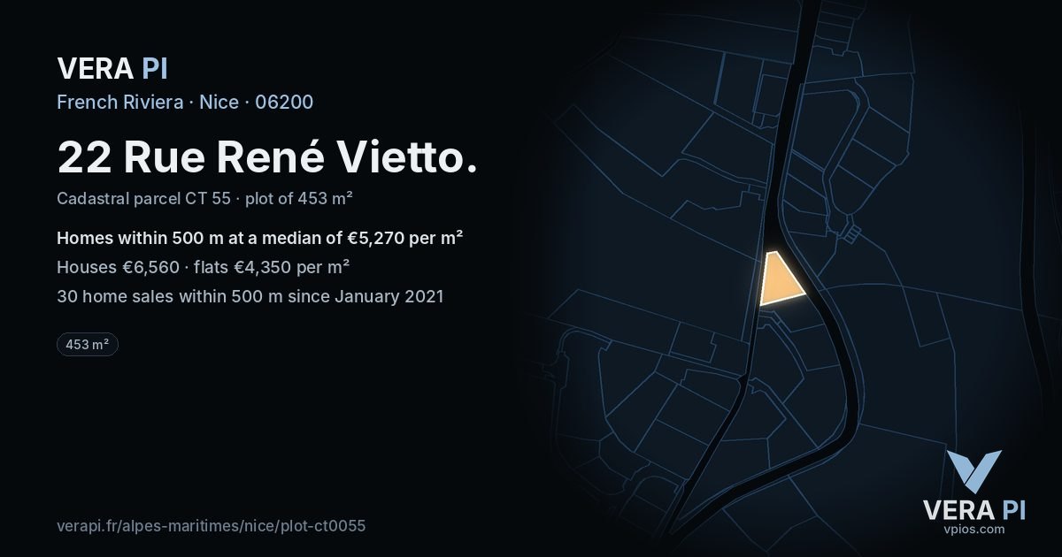 22 Rue René Vietto, Nice at night – the plot lit, the parcels around coloured by the prices near them
