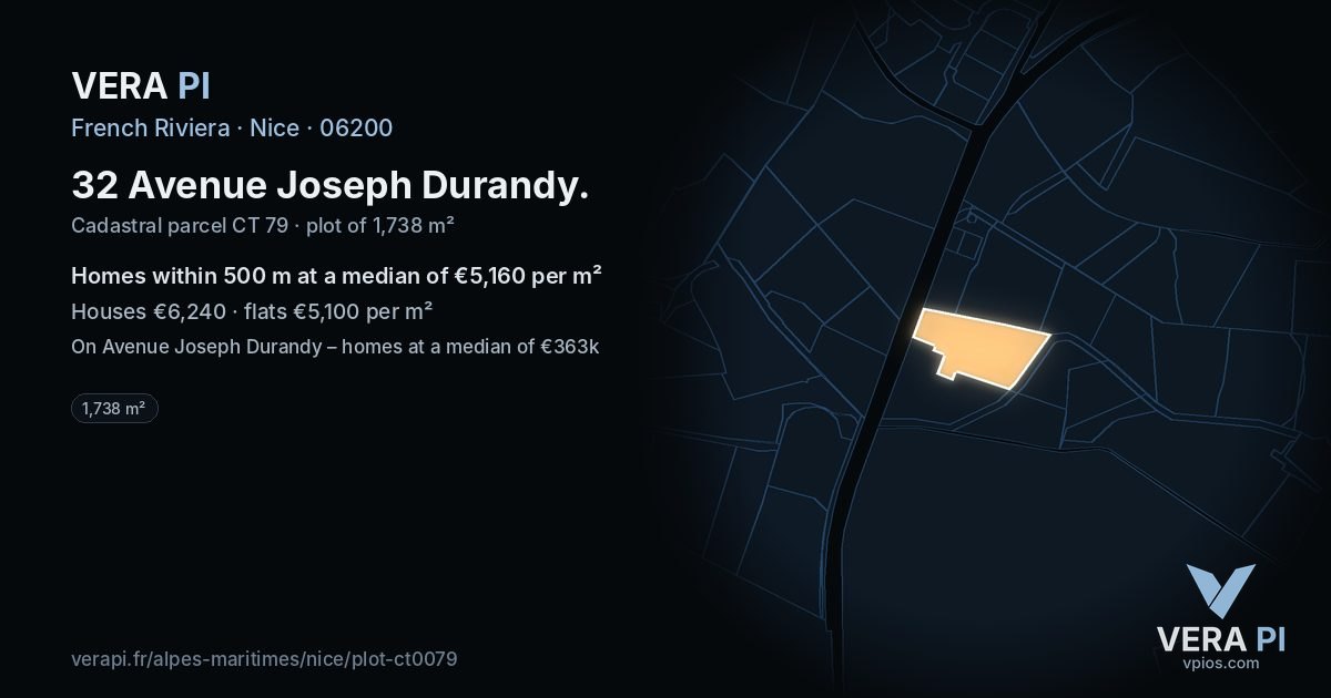 32 Avenue Joseph Durandy, Nice at night – the plot lit, the parcels around coloured by the prices near them