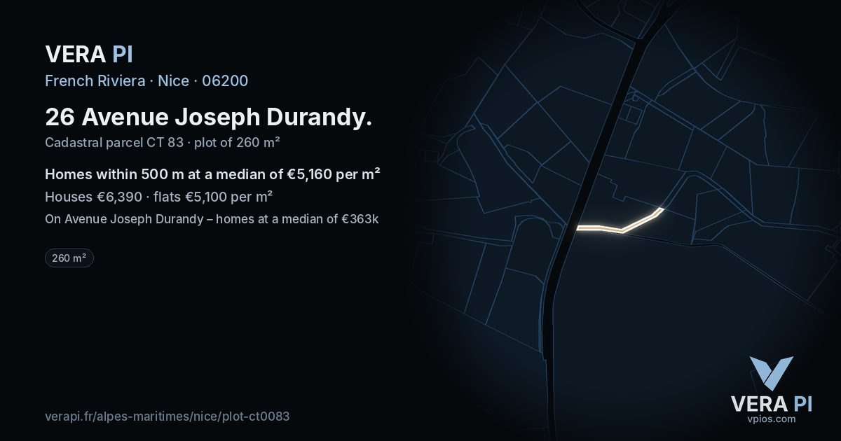 26 Avenue Joseph Durandy, Nice at night – the plot lit, the parcels around coloured by the prices near them