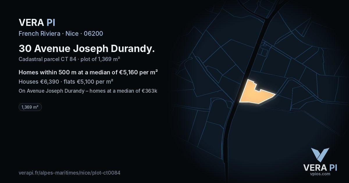 30 Avenue Joseph Durandy, Nice at night – the plot lit, the parcels around coloured by the prices near them