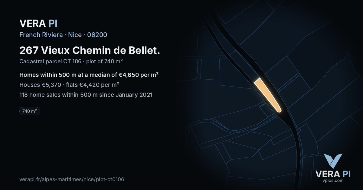 267 Vieux Chemin de Bellet, Nice at night – the plot lit, the parcels around coloured by the prices near them