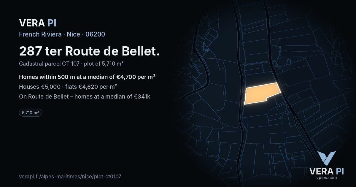 287 ter Route de Bellet, Nice at night – the plot lit, the parcels around coloured by the prices near them