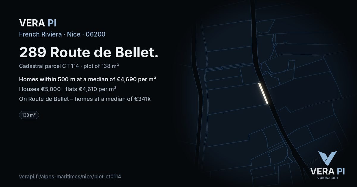 289 Route de Bellet, Nice at night – the plot lit, the parcels around coloured by the prices near them