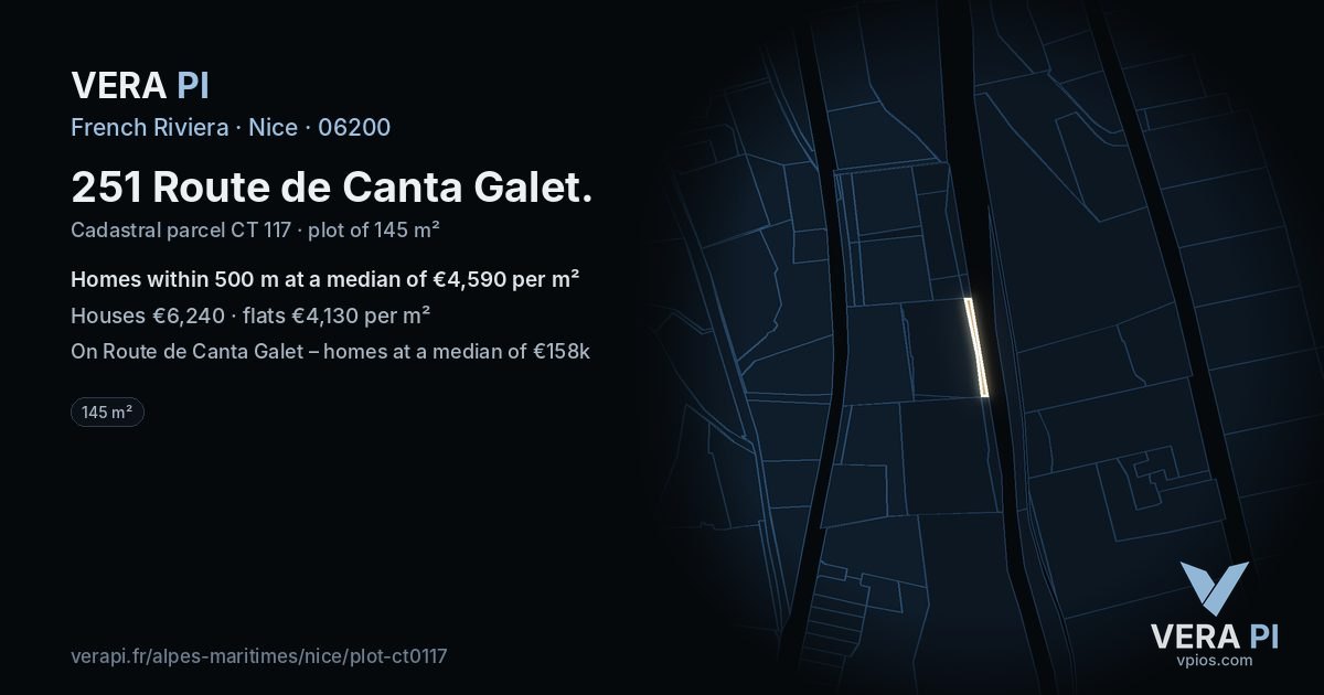 251 Route de Canta Galet, Nice at night – the plot lit, the parcels around coloured by the prices near them