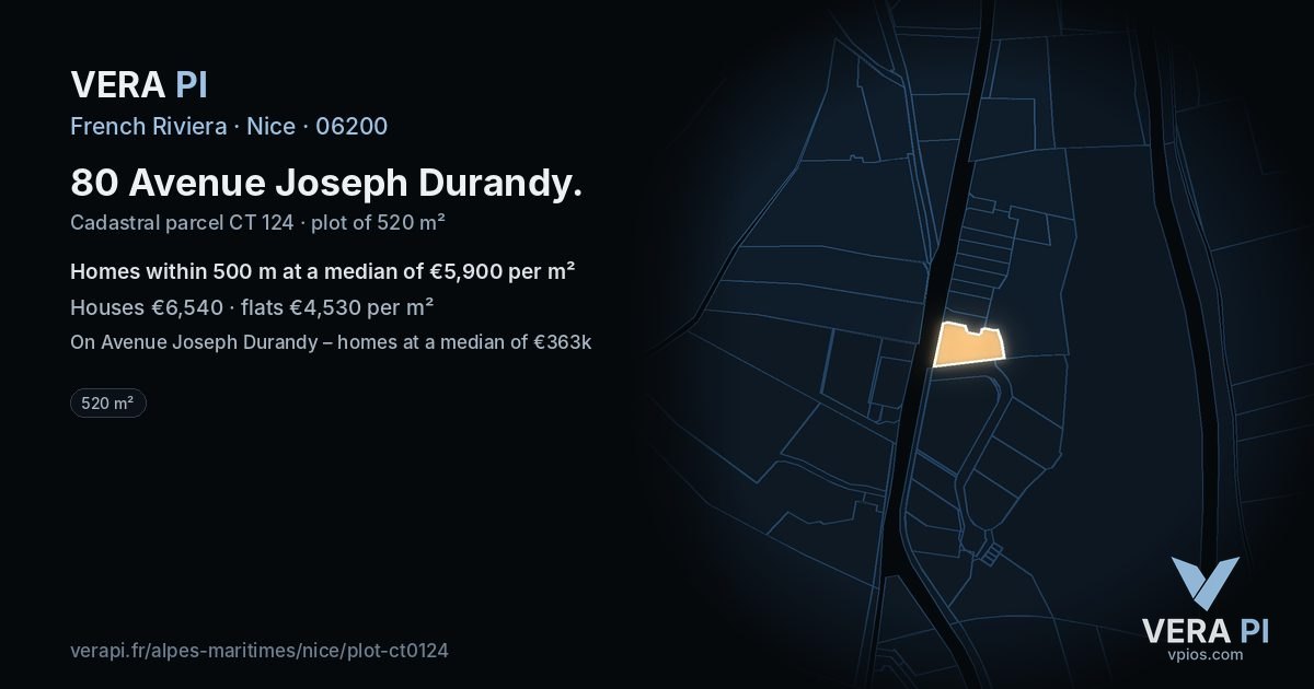 80 Avenue Joseph Durandy, Nice at night – the plot lit, the parcels around coloured by the prices near them