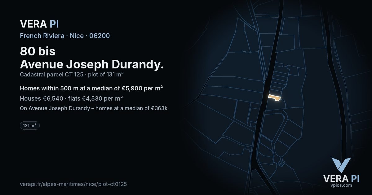 80 bis Avenue Joseph Durandy, Nice at night – the plot lit, the parcels around coloured by the prices near them