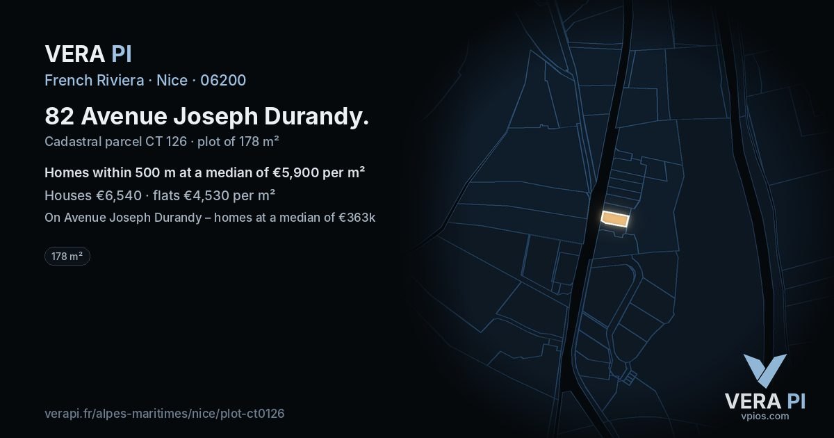 82 Avenue Joseph Durandy, Nice at night – the plot lit, the parcels around coloured by the prices near them