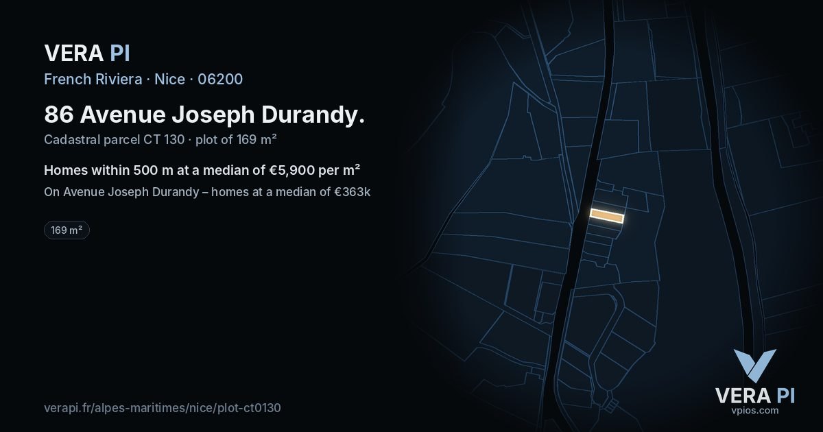 86 Avenue Joseph Durandy, Nice at night – the plot lit, the parcels around coloured by the prices near them