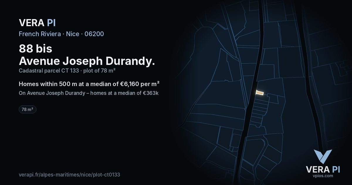 88 bis Avenue Joseph Durandy, Nice at night – the plot lit, the parcels around coloured by the prices near them