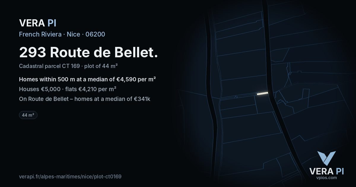 293 Route de Bellet, Nice at night – the plot lit, the parcels around coloured by the prices near them