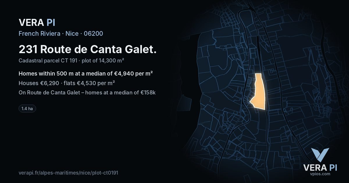 231 Route de Canta Galet, Nice at night – the plot lit, the parcels around coloured by the prices near them