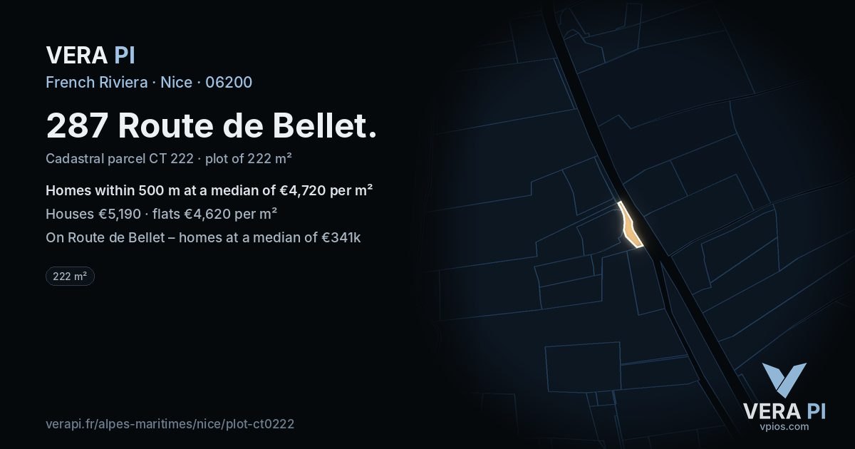287 Route de Bellet, Nice at night – the plot lit, the parcels around coloured by the prices near them