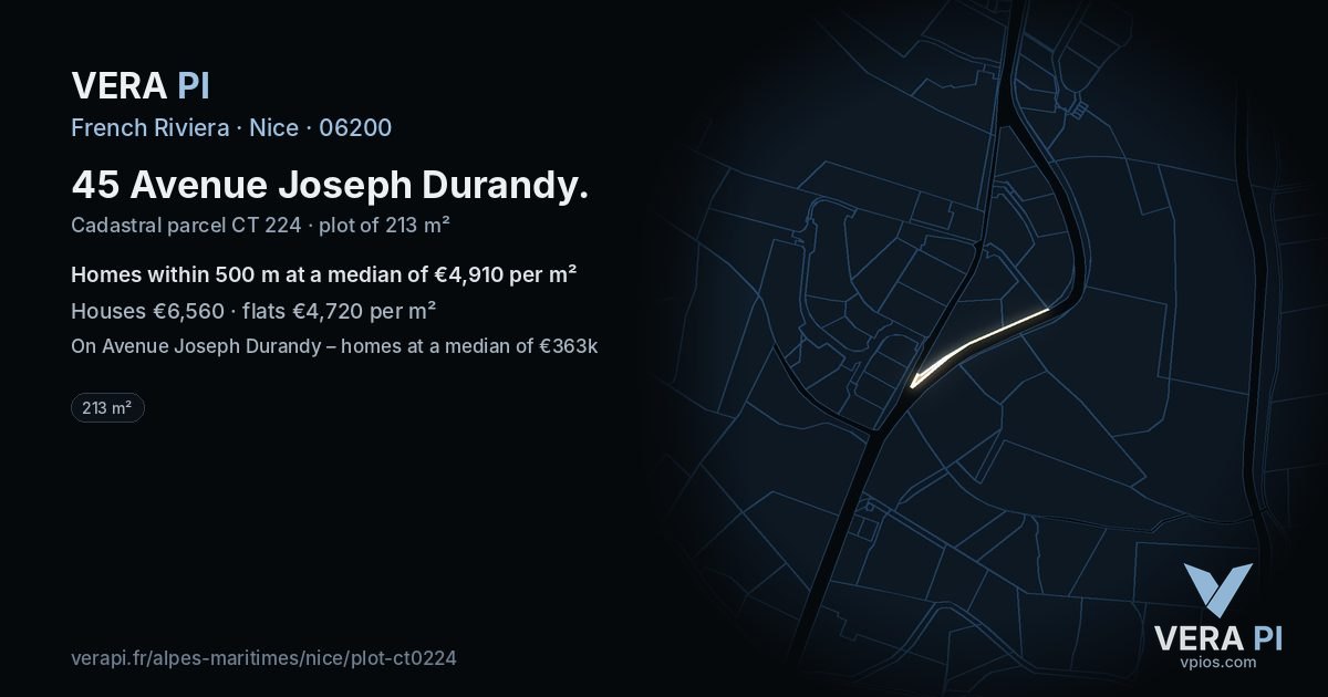 45 Avenue Joseph Durandy, Nice at night – the plot lit, the parcels around coloured by the prices near them