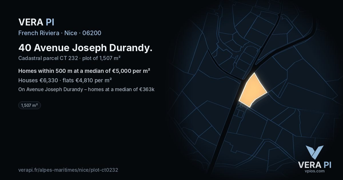 40 Avenue Joseph Durandy, Nice at night – the plot lit, the parcels around coloured by the prices near them