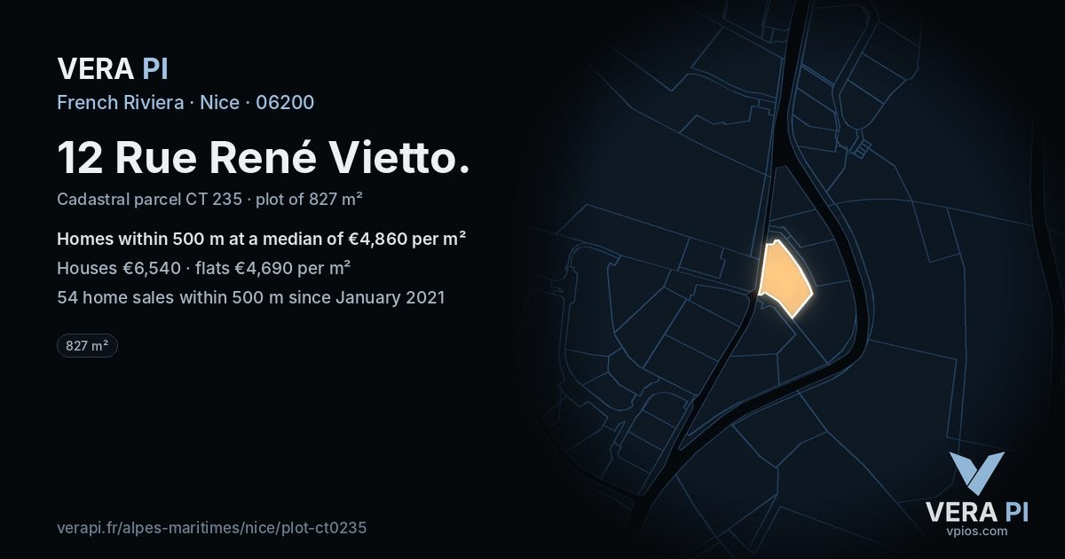 12 Rue René Vietto, Nice at night – the plot lit, the parcels around coloured by the prices near them