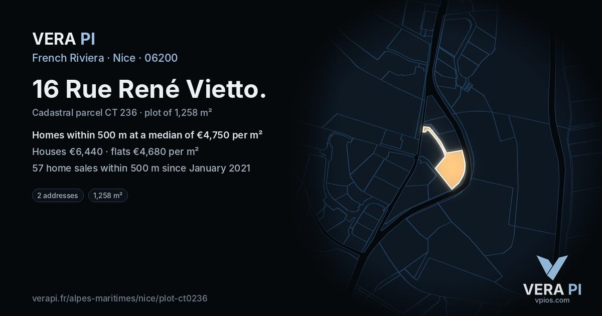 16 Rue René Vietto, Nice at night – the plot lit, the parcels around coloured by the prices near them