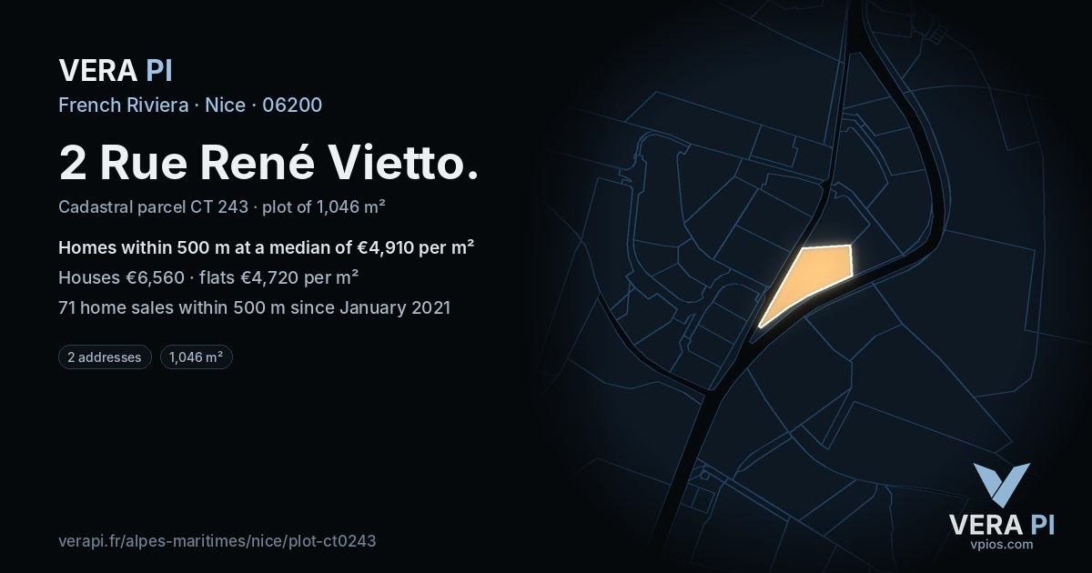2 Rue René Vietto, Nice at night – the plot lit, the parcels around coloured by the prices near them