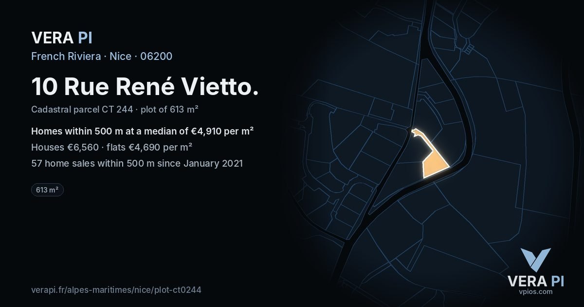 10 Rue René Vietto, Nice at night – the plot lit, the parcels around coloured by the prices near them