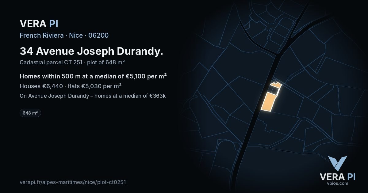 34 Avenue Joseph Durandy, Nice at night – the plot lit, the parcels around coloured by the prices near them