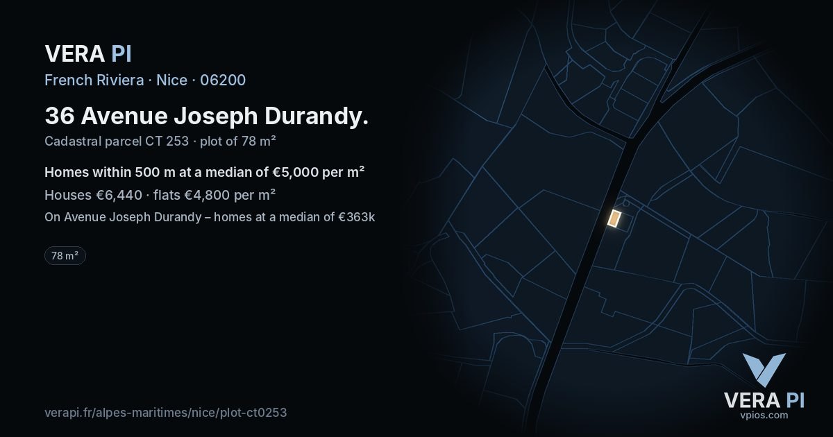36 Avenue Joseph Durandy, Nice at night – the plot lit, the parcels around coloured by the prices near them