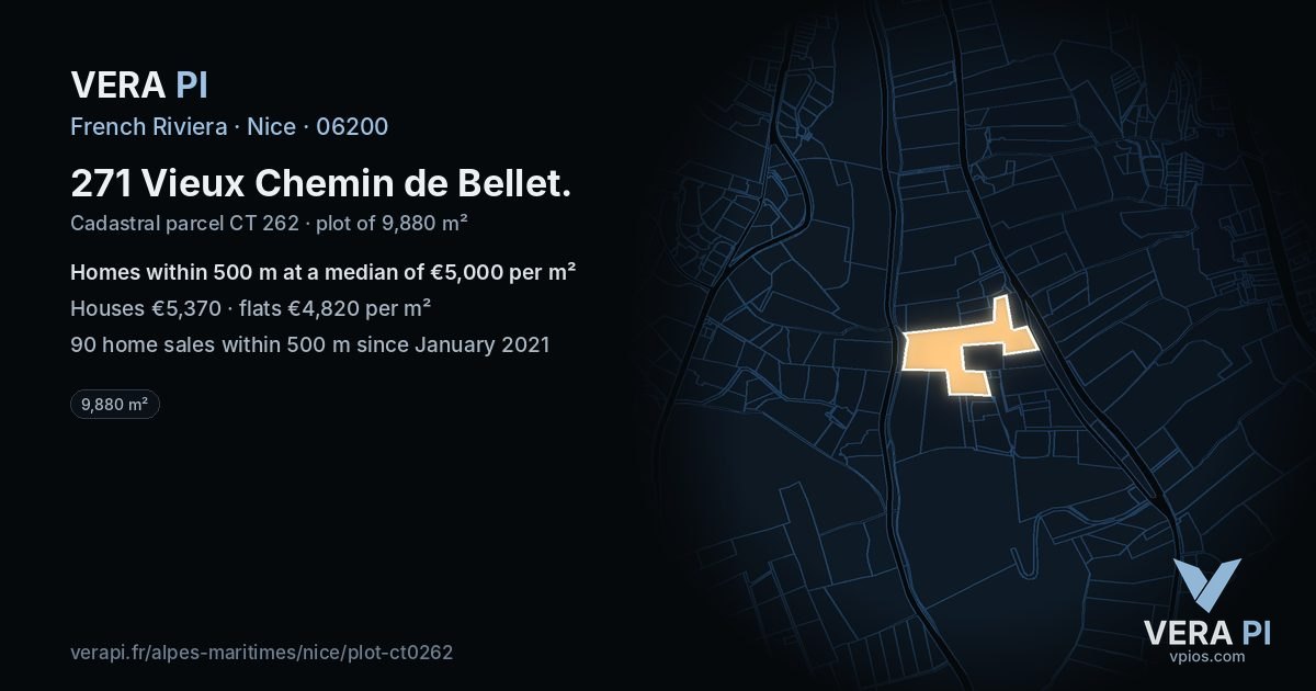 271 Vieux Chemin de Bellet, Nice at night – the plot lit, the parcels around coloured by the prices near them