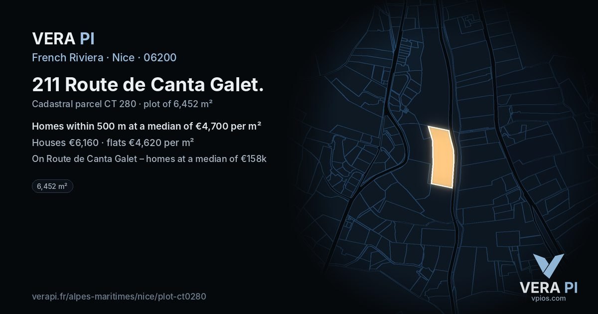 211 Route de Canta Galet, Nice at night – the plot lit, the parcels around coloured by the prices near them