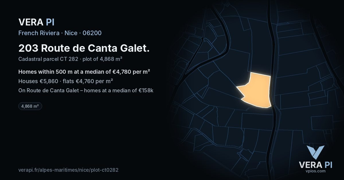 203 Route de Canta Galet, Nice at night – the plot lit, the parcels around coloured by the prices near them