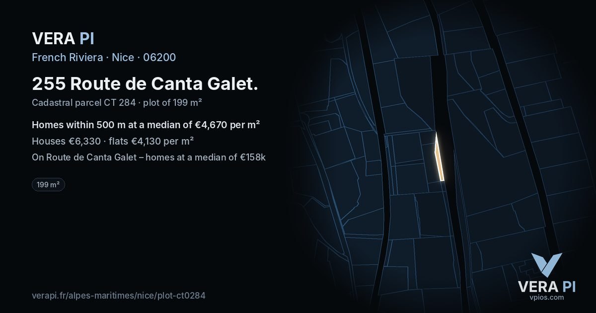 255 Route de Canta Galet, Nice at night – the plot lit, the parcels around coloured by the prices near them
