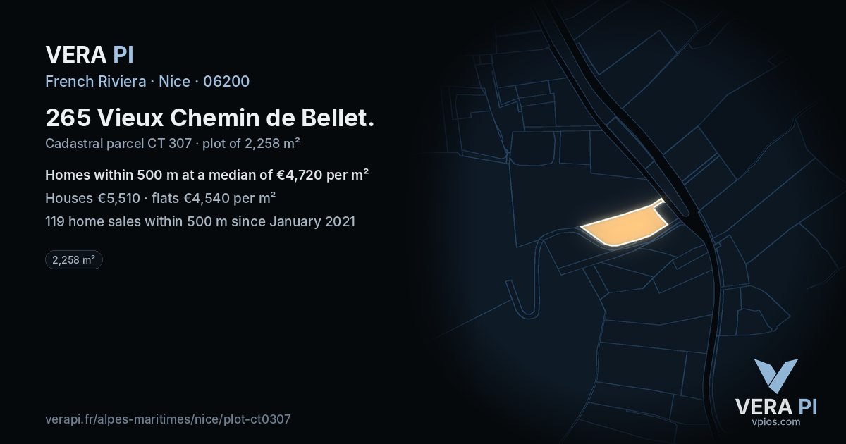 265 Vieux Chemin de Bellet, Nice at night – the plot lit, the parcels around coloured by the prices near them