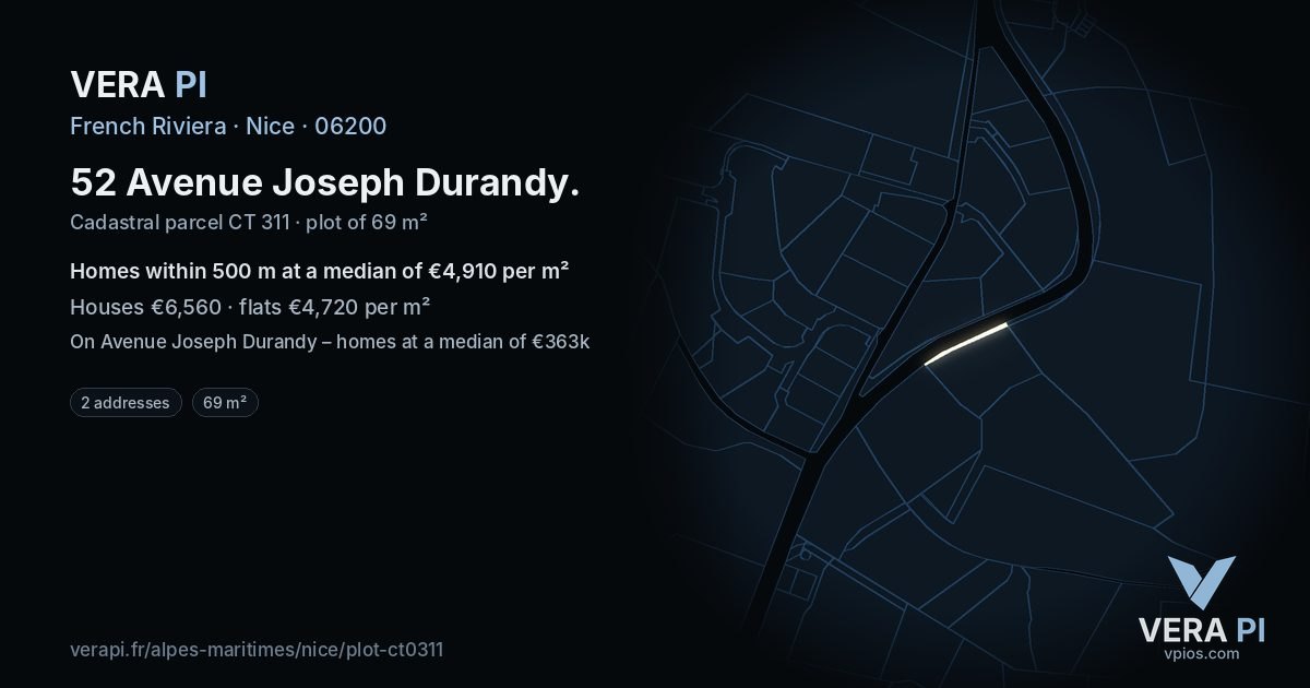 52 Avenue Joseph Durandy, Nice at night – the plot lit, the parcels around coloured by the prices near them