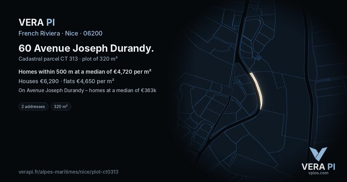 60 Avenue Joseph Durandy, Nice at night – the plot lit, the parcels around coloured by the prices near them