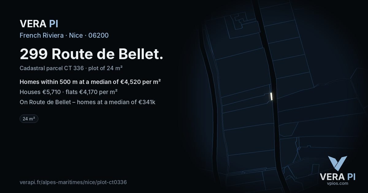 299 Route de Bellet, Nice at night – the plot lit, the parcels around coloured by the prices near them