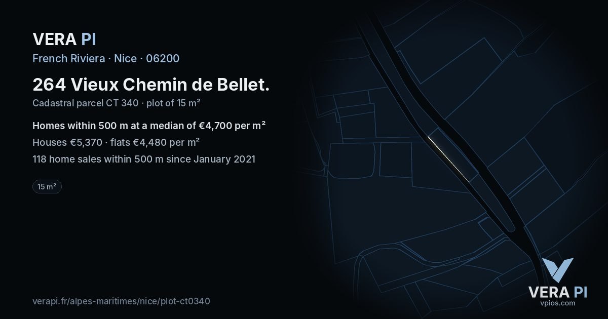 264 Vieux Chemin de Bellet, Nice at night – the plot lit, the parcels around coloured by the prices near them