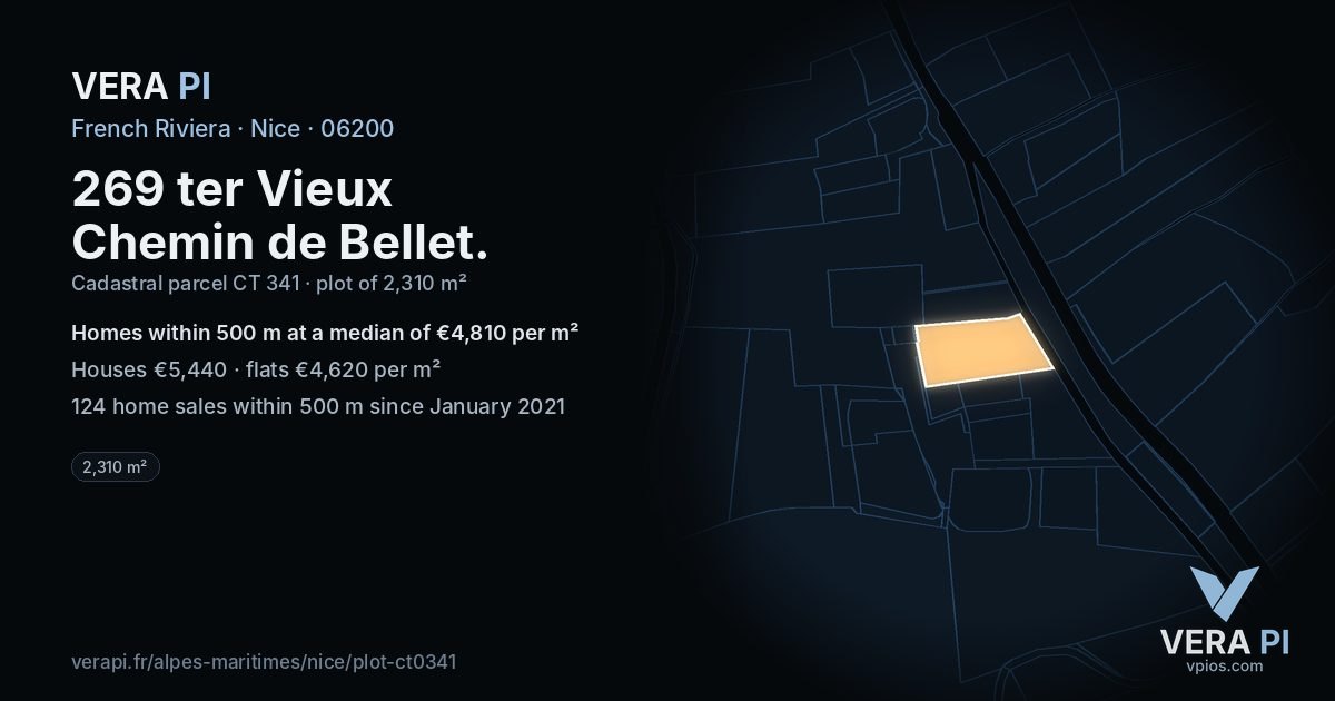 269 ter Vieux Chemin de Bellet, Nice at night – the plot lit, the parcels around coloured by the prices near them