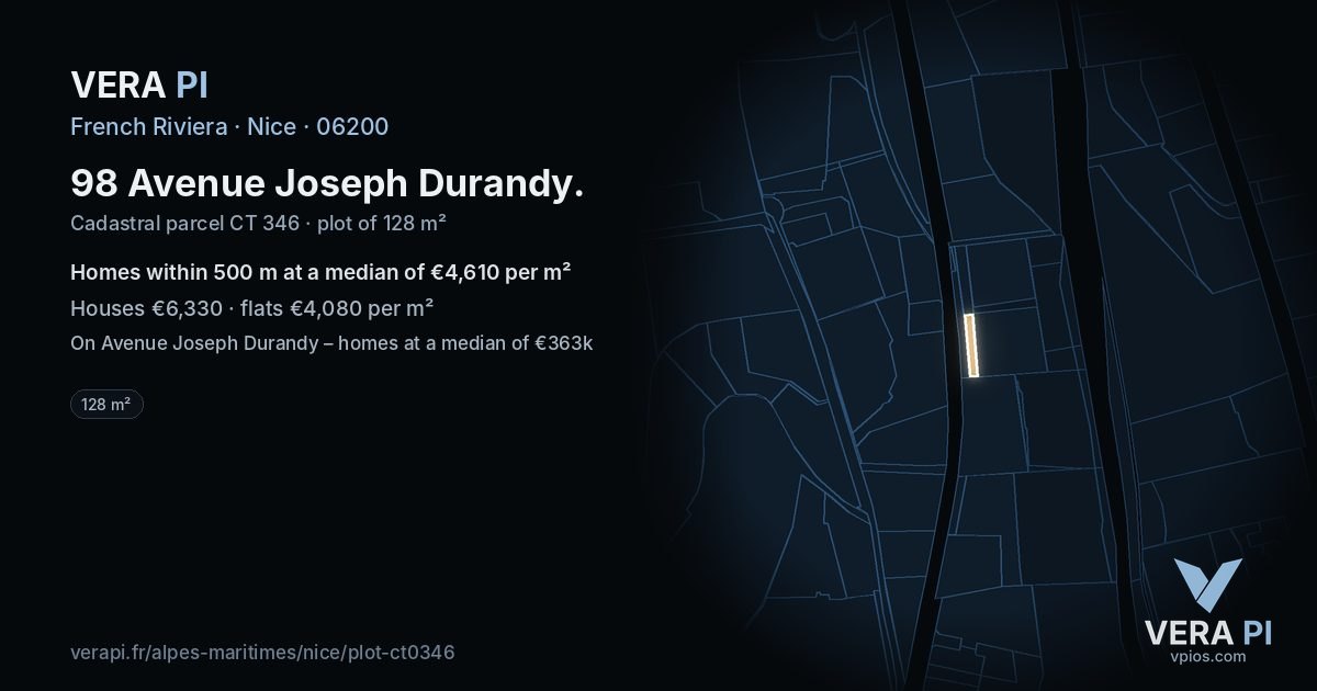 98 Avenue Joseph Durandy, Nice at night – the plot lit, the parcels around coloured by the prices near them