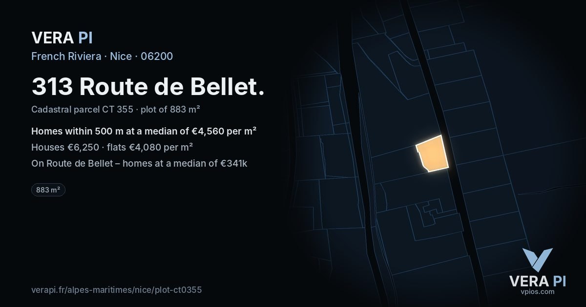 313 Route de Bellet, Nice at night – the plot lit, the parcels around coloured by the prices near them