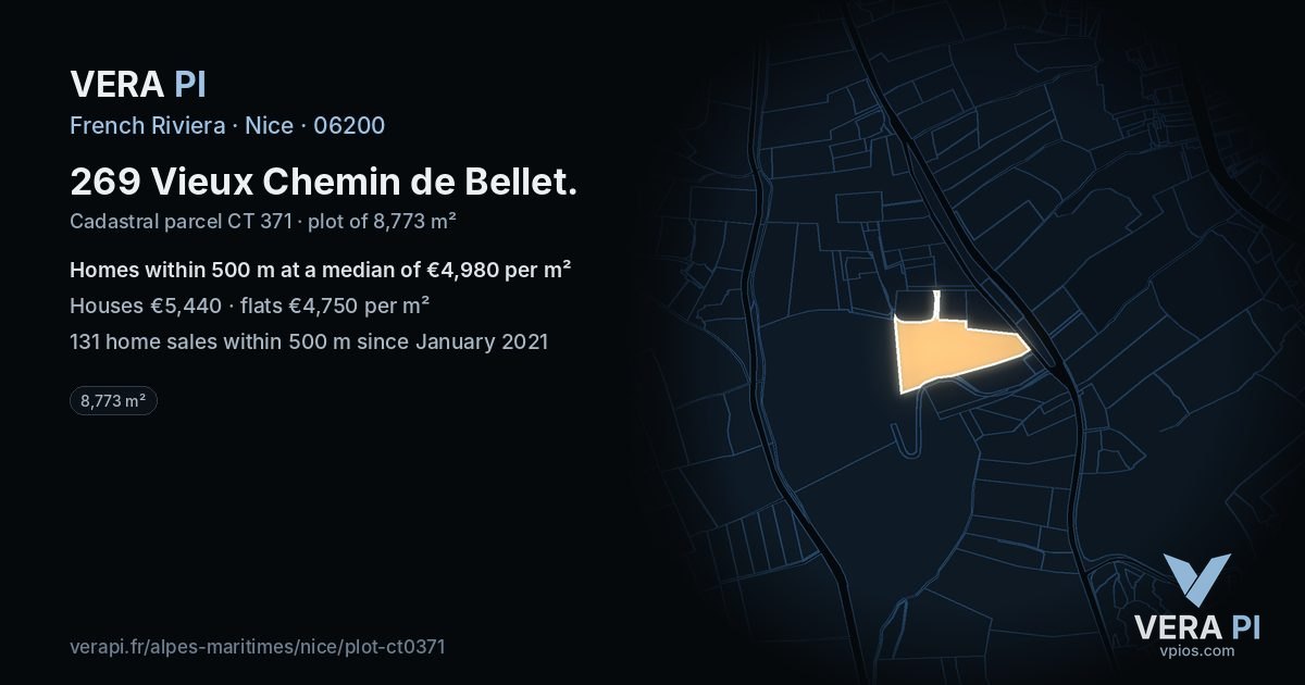 269 Vieux Chemin de Bellet, Nice at night – the plot lit, the parcels around coloured by the prices near them