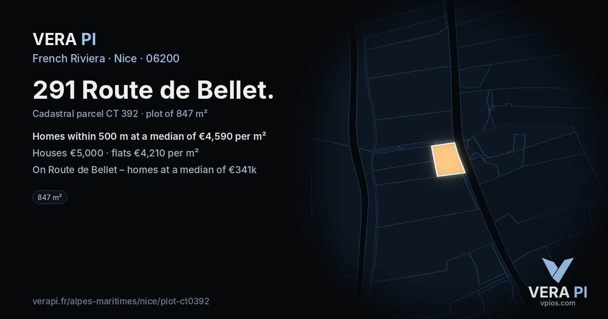 291 Route de Bellet, Nice at night – the plot lit, the parcels around coloured by the prices near them