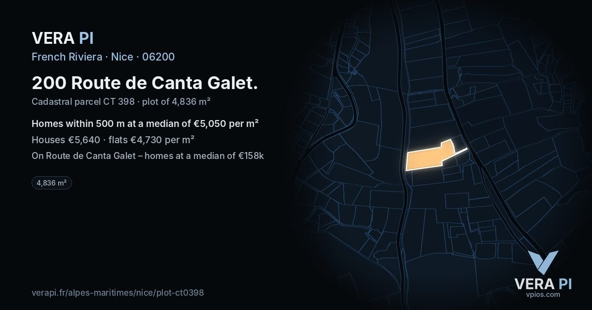 200 Route de Canta Galet, Nice at night – the plot lit, the parcels around coloured by the prices near them