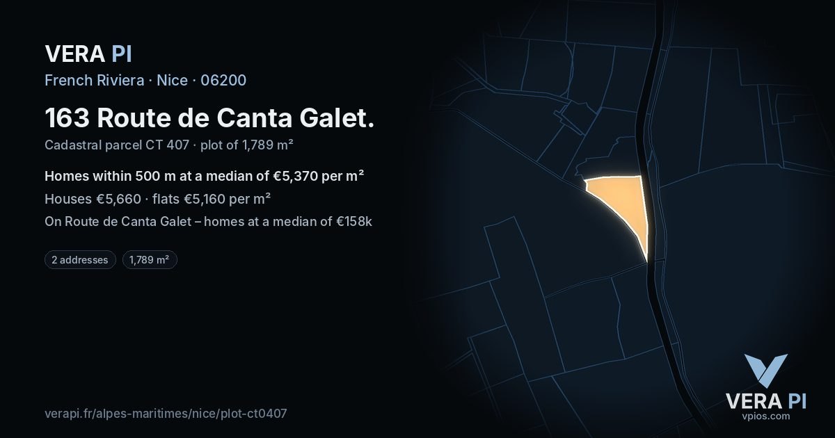 163 Route de Canta Galet, Nice at night – the plot lit, the parcels around coloured by the prices near them