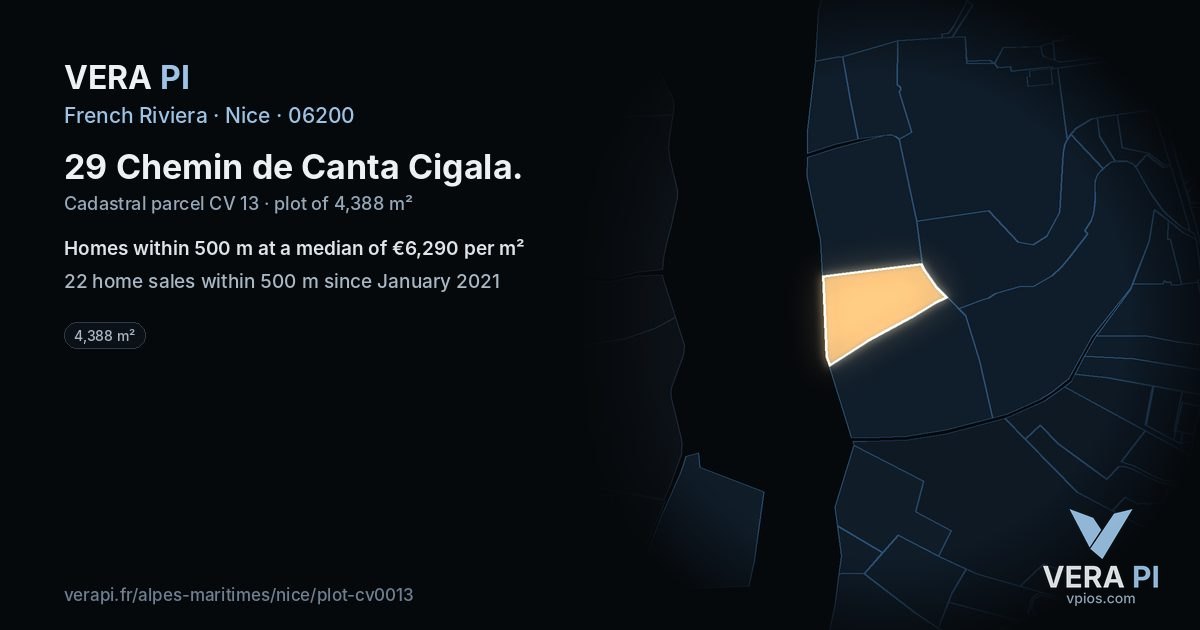 29 Chemin de Canta Cigala, Nice at night – the plot lit, the parcels around coloured by the prices near them