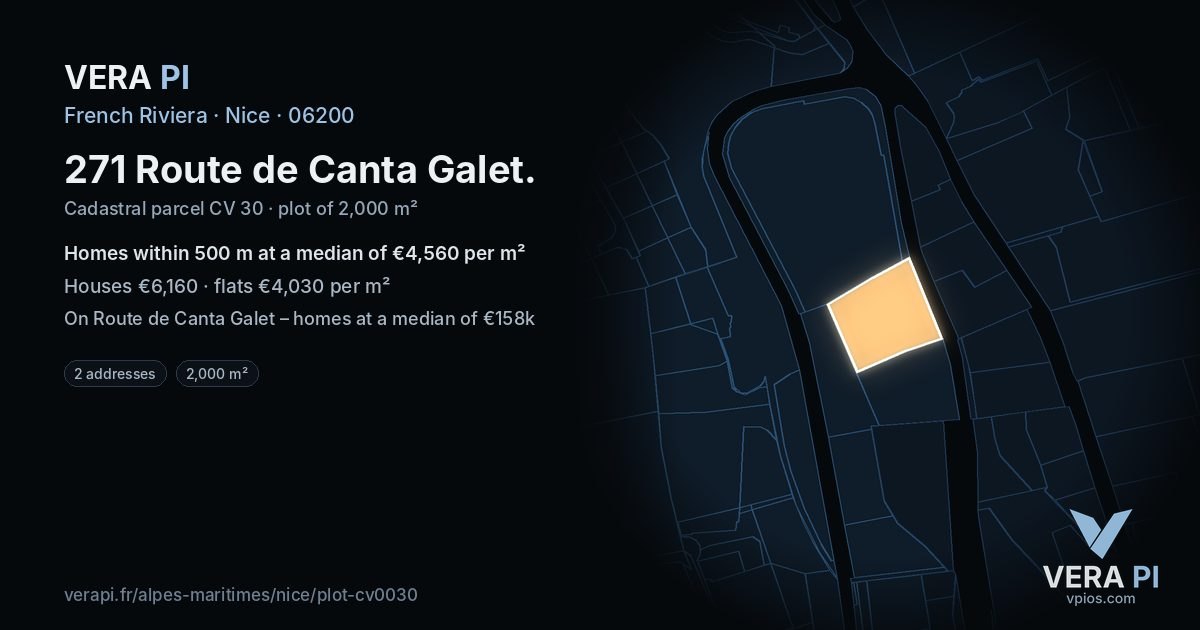 271 Route de Canta Galet, Nice at night – the plot lit, the parcels around coloured by the prices near them